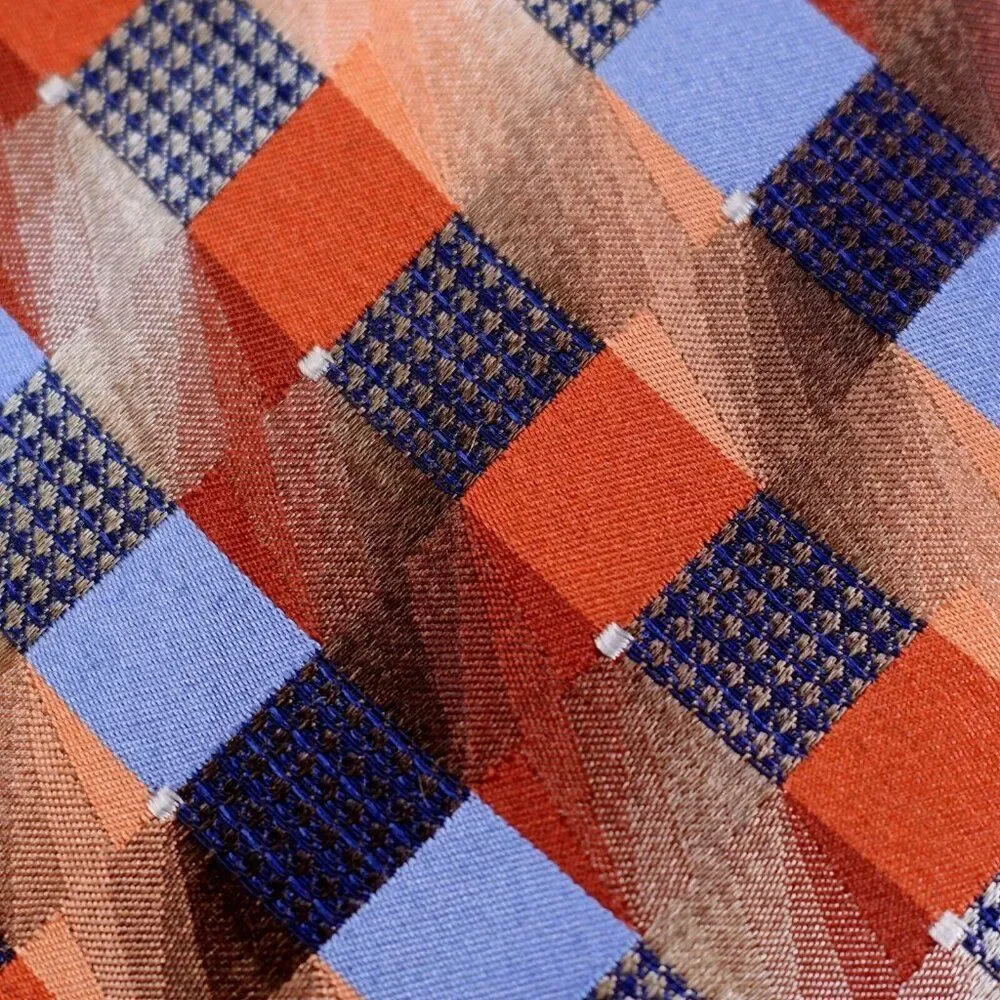 Van Heusen‎ Orange Blue Woven Check Plaid Lyocell Silk Tie